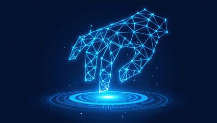 Blue digital hand with glowing particles touching circular interface on dark background futuristic technology