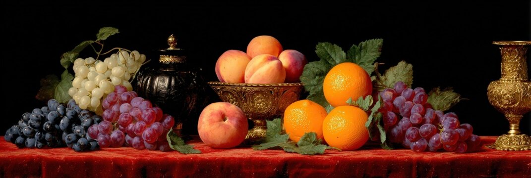 Colorful Still Life With Peaches Grapes And Oranges On Dark Background - Powered by Adobe