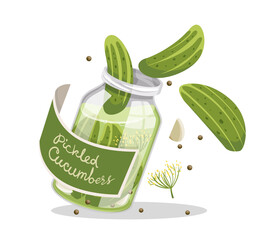 Glass jar with pickled cucumbers and green label. Natural organic cucumber preservations with spices, garlic, pepper and dill. Isolated. PNG illustration.