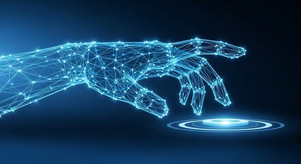 Blue digital wireframe hand hovers over illuminated circular interface technology future