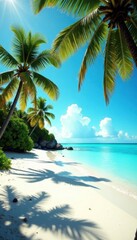 Obraz premium Sun-drenched white sand beach, turquoise water, palm trees, nature, sea
