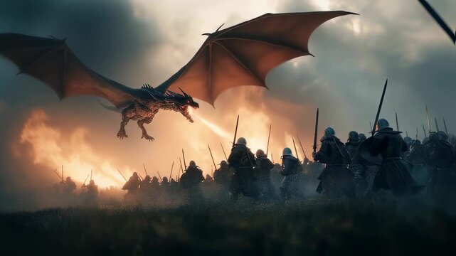 Fantasy action scene of a dragon battle. Medieval soldiers in cinematic battle against flying fire breathing dragon in dark smoke