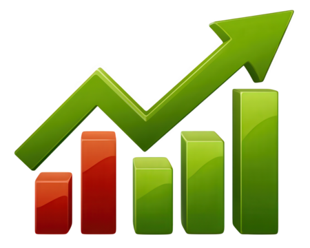 Green upward arrow red and green bar chart financial growth business success positive trend economic increase isolated on transparency background digital illustration - Powered by Adobe