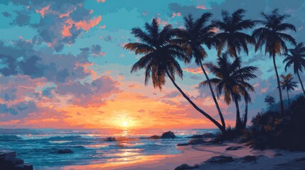 Tropical Beach Scene with Palm Trees at Colorful Sunset Sky