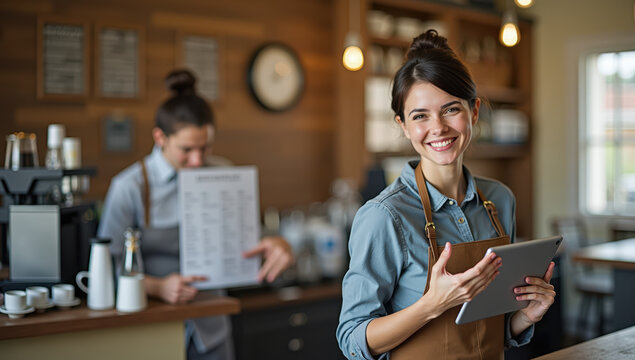 Smiling barista woman holding tablet in cozy modern cafe wooden interior warm lighting cheerful atmosphere coffee shop casual uniform friendly service up high fidelity - Powered by Adobe