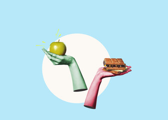 Flat art design. Nutrition - healthy apples and unhealthy sweets to choose from in your hand....