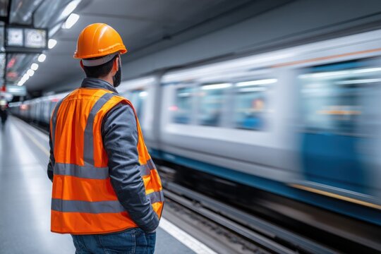 A man wearing an orange hard hat and safety vest stands on a subway platform as a train speeds by.
