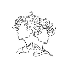 Minimalist one-line Gemini zodiac sign illustration, elegant linear twin faces design in continuous contour black art