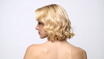 Fototapeta premium Woman with Curly short Blonde Hair, copy space