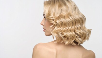Fototapeta premium Woman with Curly short Blonde Hair, copy space