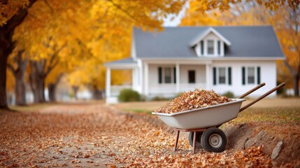 A wheelbarrow filled with golden autumn leaves sits on a leaf-strewn path, with a charming white house and vibrant fall trees in the background, depicting seasonal outdoor chores.