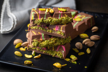 Trendy chocolate; Dubai chocolate is made with pistachio paste and kadayif.