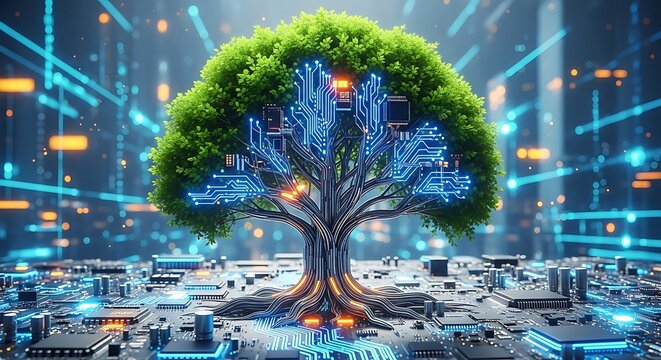 Digital Tree of Life with Glowing Circuitry and Futuristic Technology Background image photo