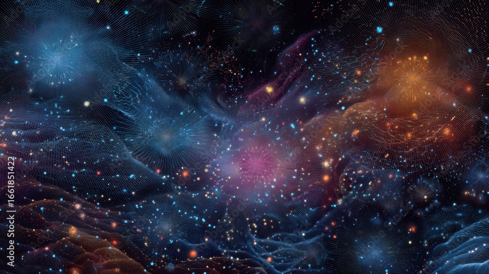 Poster vibrant starfield with pulsating light patterns in deep space