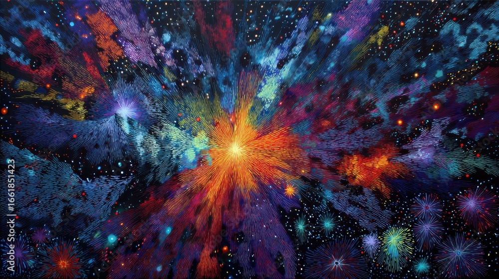 Poster Vibrant Starfield with Pulsating Light Patterns in Cosmic Scene