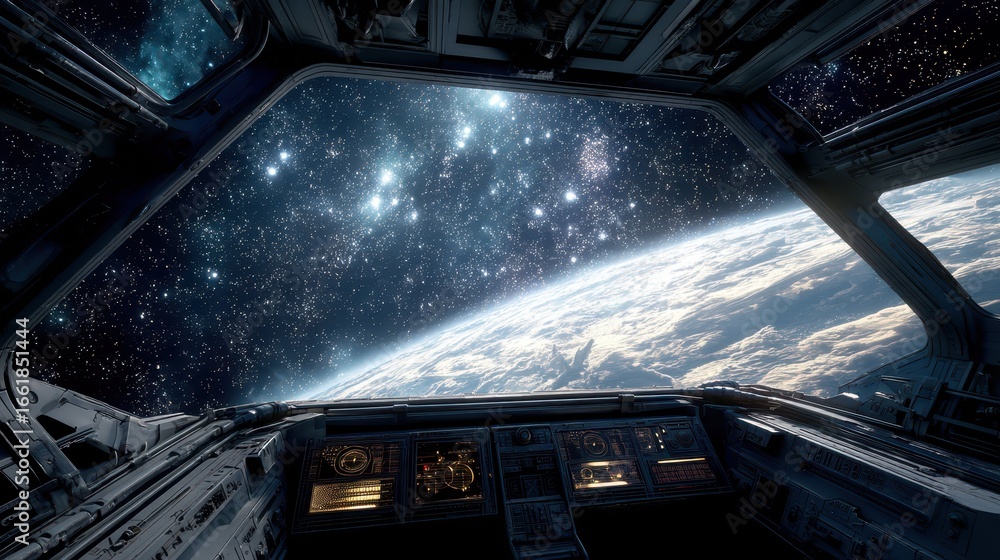 Aufkleber stunning view from a spaceship cockpit in deep space environment