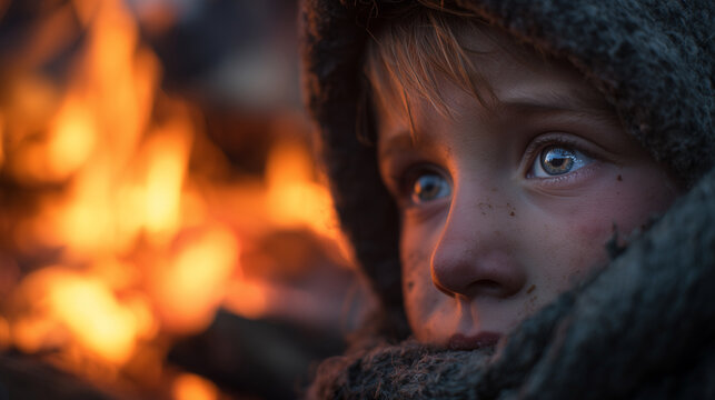 Retrato de um menino, uma crian&ccedil;a sobrevivente de um ataque a&eacute;reo. Ele olha com tristeza as chamas do inc&ecirc;ndio que consome vidas e sonhos. O terror da guerra se reflete em seus olhos.