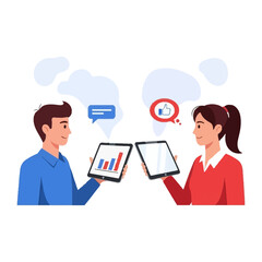 Digital Collaboration: An illustration showcases two individuals engaged in digital communication, holding tablets and sharing information. The image depicts collaboration, social media.