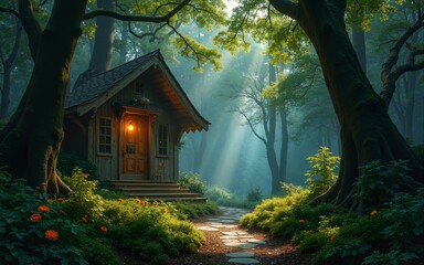 A hidden sanctuary deep within an enchanted forest. High quality