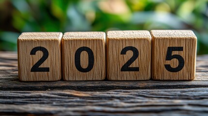 Year 2025 Wooden Blocks: A close-up shot of four wooden blocks displaying the year 2025, neatly arranged on a rustic wooden surface, evoking anticipation and the promise of new beginnings. 