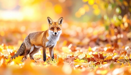 Elegant red fox in autumn leaves forest clearing wildlife photography vibrant colors close-up perspective nature's beauty
