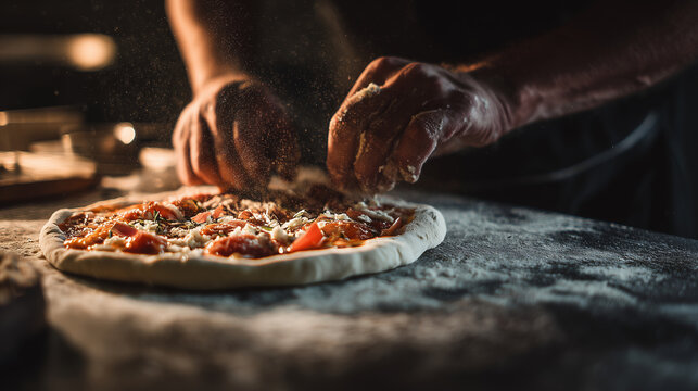 Chef prepara pizza italiana fresca em pizzaria. Ele tomates e queijo na pizza.