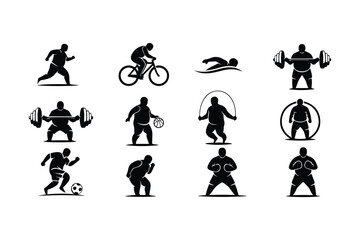 Naklejka premium Black silhouette icons of people engaged in various sports and fitness activities running cycling