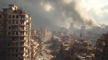 Obraz premium War-Torn Capital City Enveloped in Smoke and Rubble After Conflict