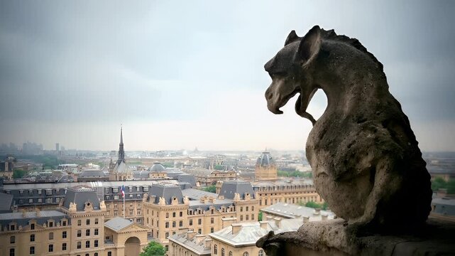 Paris, France. Aerial view of Paris from NotreDame de Paris, France, with Gargoyle statue in foreground. The cityscape is a blend of historic and modern architecture.