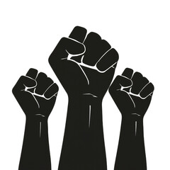 Three black fists raised in the air against a plain white background, symbolizing solidarity.