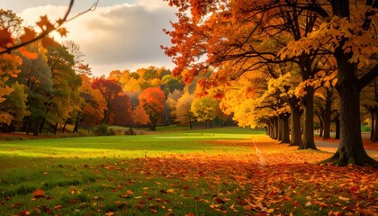 Obraz premium Autumn leaf fall scenic view beautiful park nature photography vibrant colors peaceful atmosphere outdoor experience