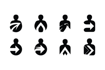 Eight black human silhouette icons with abstract arrow shapes inside person