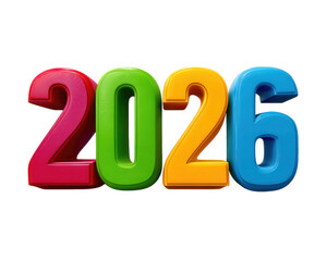 Colorful 2026 number design with red, green, yellow, and blue digits, isolated on transparency background, playful and modern style, suitable for celebration or event announcement