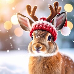 A festive bunny wearing a reindeer antler hat, enjoying the winter wonderland in a charming, seasonal image. The bunny has a brown fur coat and adorable ears, set against a backdrop of snow.
