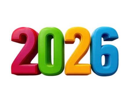 Colorful 2026 number design with red, green, yellow, and blue digits, isolated on transparency background, playful and modern style, suitable for celebration or event announcement
