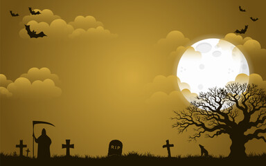 Halloween graveyard scene with a full moon and silhouettes of a grim reaper, bats, and trees.