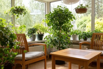 Fototapeta premium Cozy Indoor Garden Room With Wooden Furniture And Plants