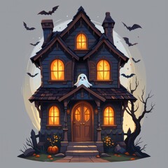 Spooky Halloween House with Ghost and Jackolanterns