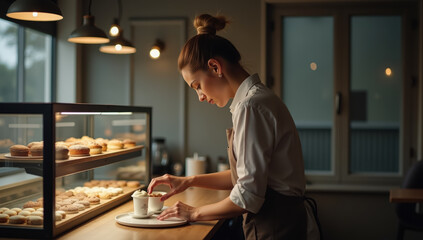 Young woman barista preparing coffee in cozy cafe, arranging cup on wooden counter near pastry display, warm lighting creates inviting atmosphere, modern interior, evening mood
