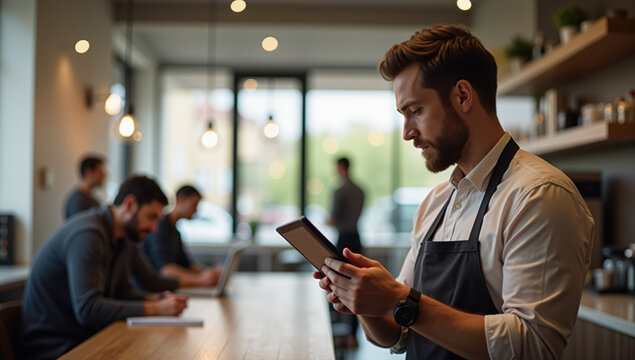 Barista cafe tablet technology modern coffee shop apron male working customer contemporary bright urban professional digital service casual business interior workspace communication cheerful young