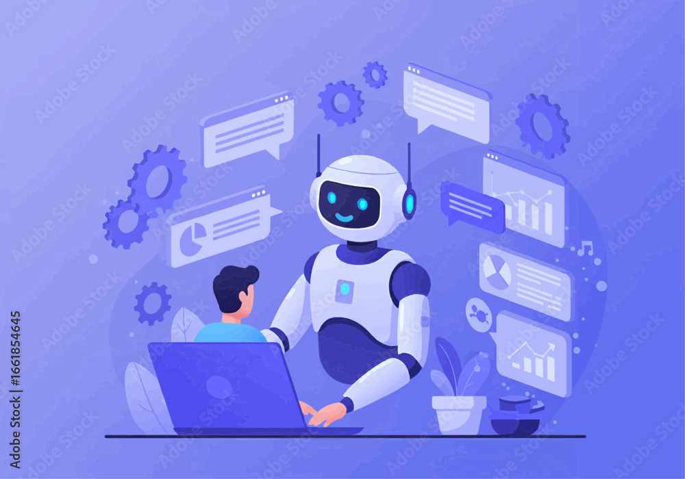 Aufkleber a friendly robot assists a person with data analysis and communication, using a laptop and chat bubb