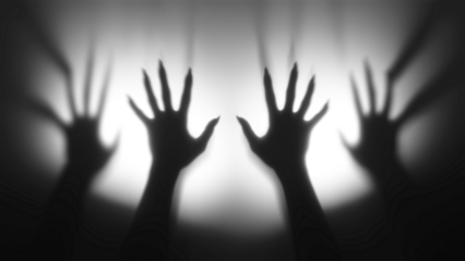Shadow overlay effect for halloween background with Terrifying scary hands with long nails,Creepy monster claw,silhouette of hands,zombie hand rising out of a graveyard,silhouette of hands