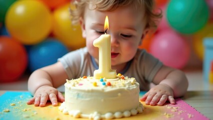 Baby's First Birthday Hands Blowing Out Number One Candle on Smash Cake