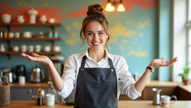 Cheerful barista woman in apron stands behind counter in cozy cafe, welcoming customers with bright smile, warm atmosphere, and inviting decor, creating friendly environment