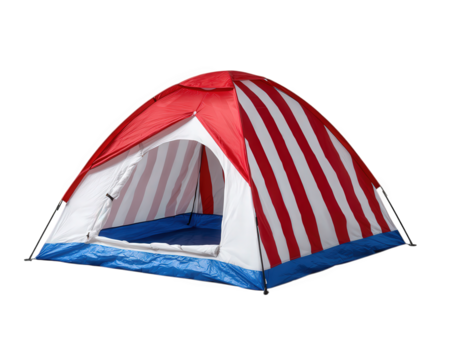 Red and white striped dome tent with blue base, open entrance, lightweight material, suitable for summer camping, beach trips, or outdoor activities, cheerful and inviting design