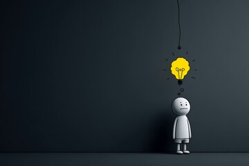 A simple figure stands alone, looking up at a light bulb symbolizing ideas or inspiration, set against a dark background for contrast