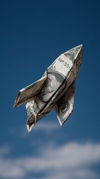 A creatively folded origami rocket made from a dollar bill, set against a blue sky, symbolizing creativity, finance, and aspirations