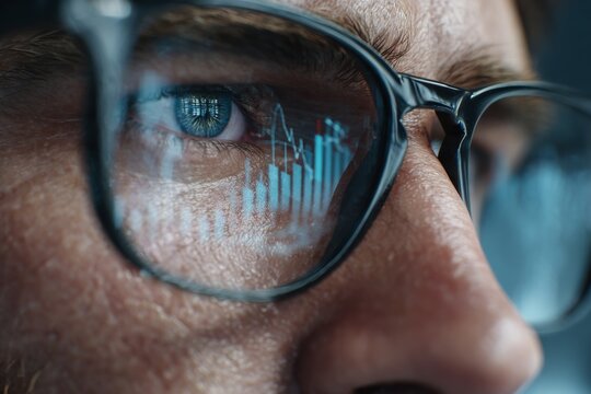 A close-up of a person's eye and glasses, with financial data visuals reflected on the lenses, emphasizing focus and analytical thinking in finance or investment