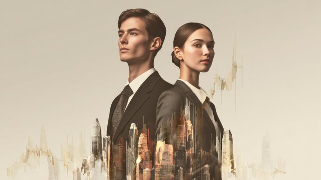 A professional-looking man and woman stand back to back, blending with a city skyline and financial elements, conveying themes of business and strategy
