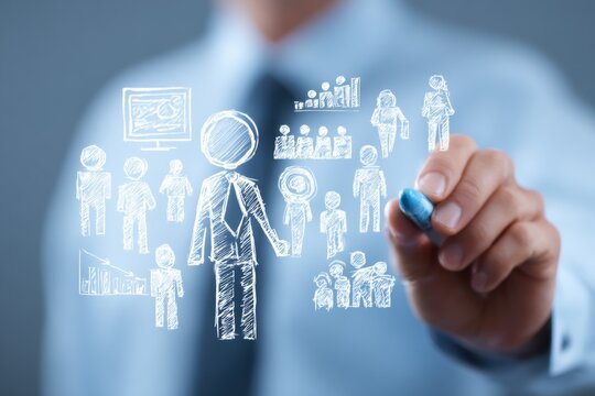 A professional is illustrating various concepts using a virtual chalkboard, sketching people, graphs, and data visuals to represent teamwork and analysis